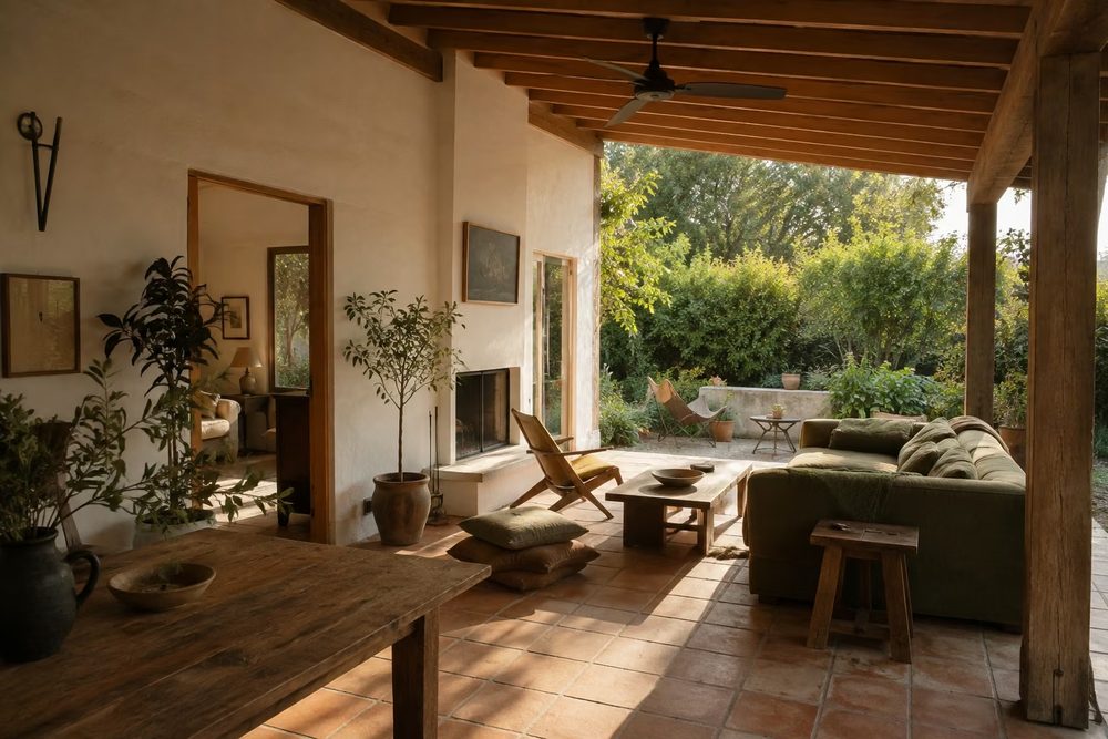 Covered California room open to a Los Angeles garden