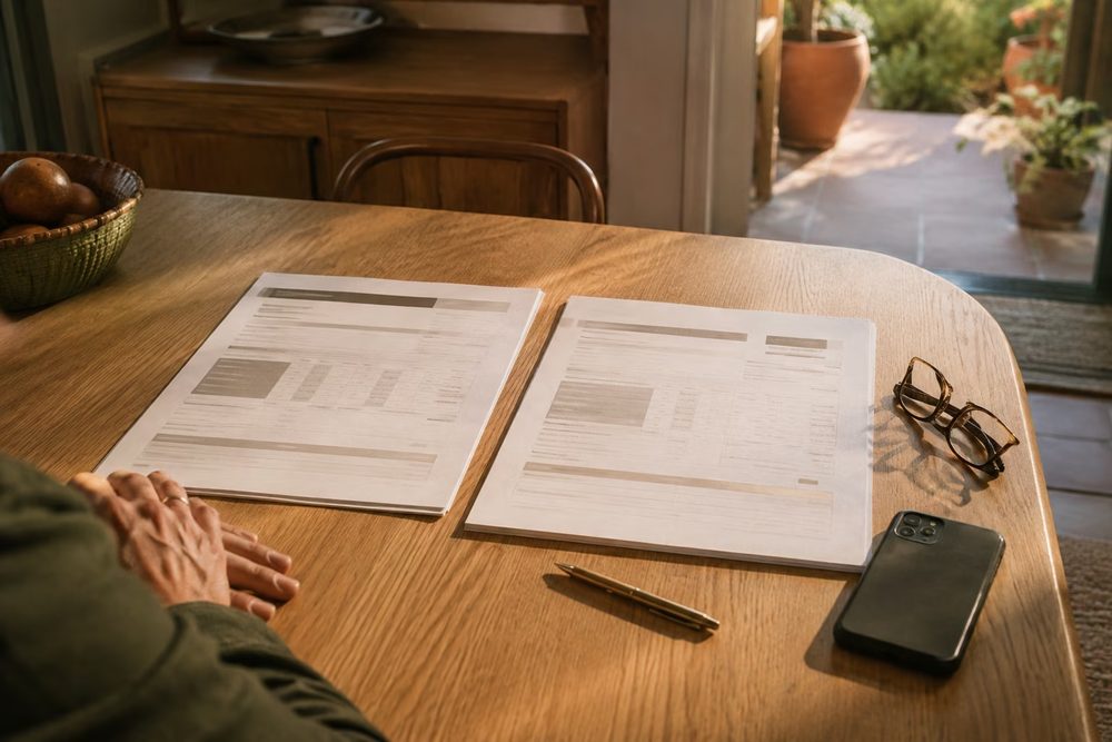 Homeowner and contractor reviewing an estimate at a kitchen table