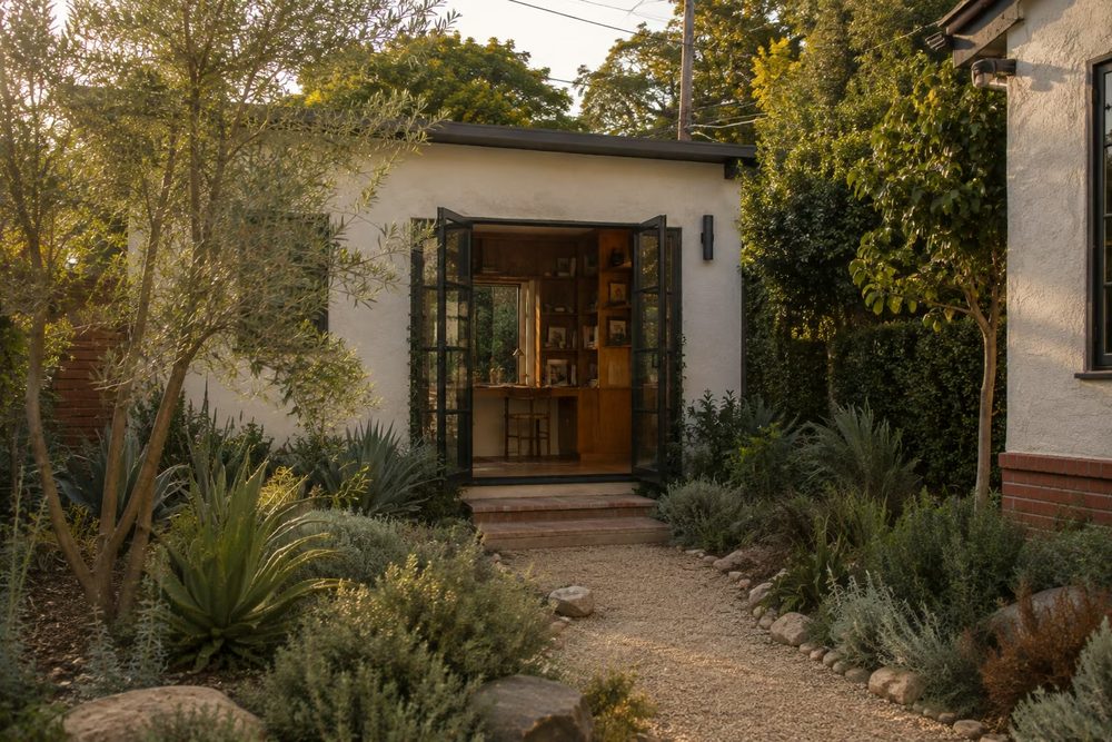 Detached backyard studio used as a home office