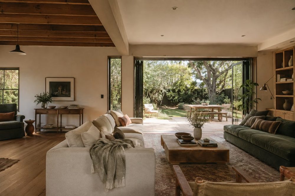 Family room addition opening onto a Los Angeles garden