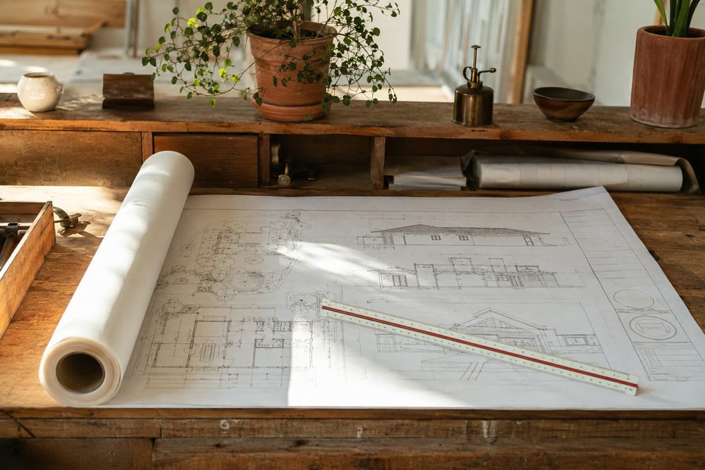 Approved permit set and drawings on a workbench