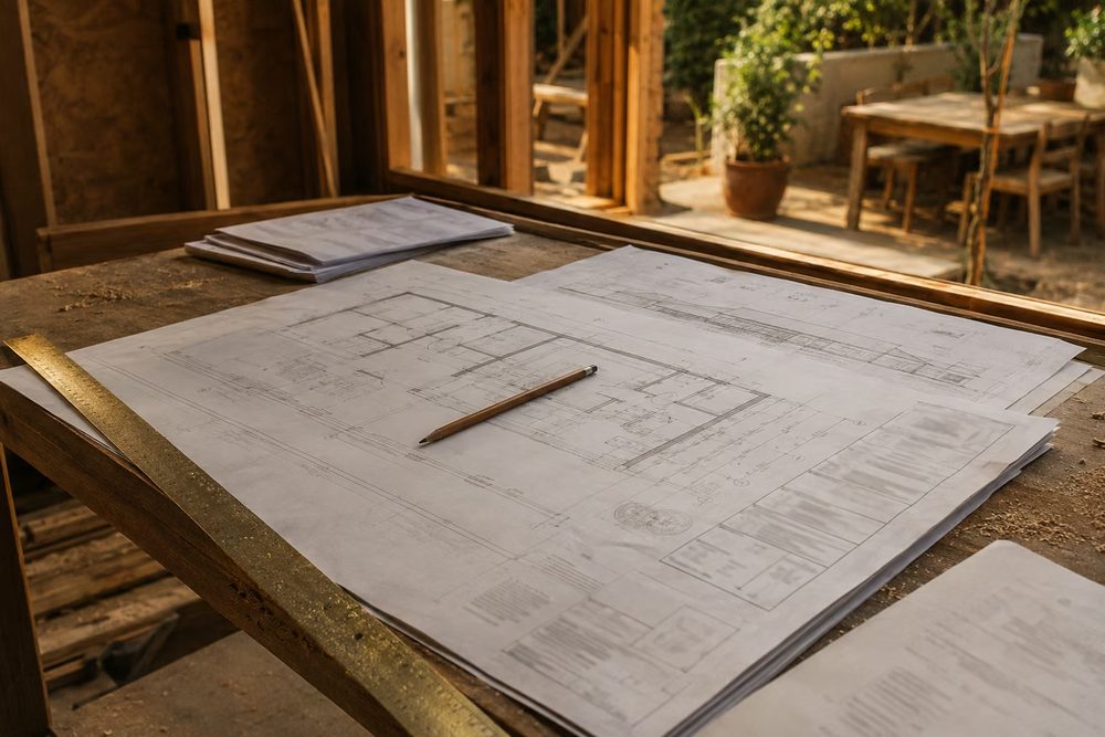 Architectural drawings and a permit set on a workbench