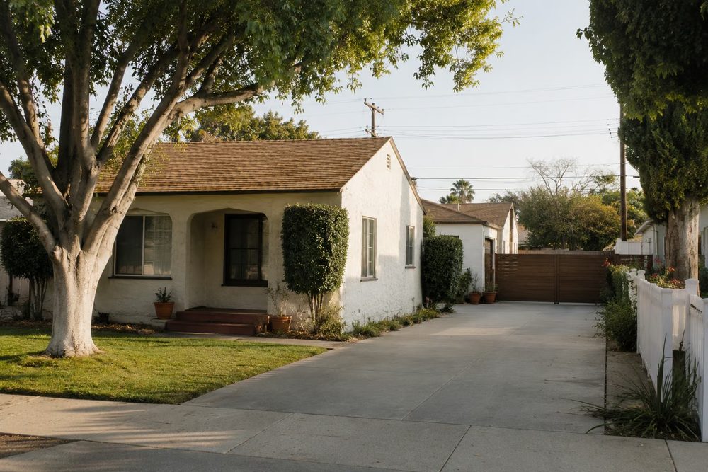 Post-war stucco home with a room addition on a North Hollywood street