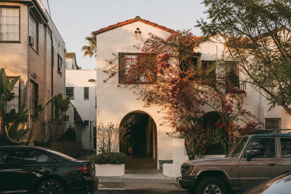 Spanish courtyard building on a West Hollywood street
